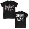 Dying Fetus "Wrong One Blood Logo" design, printed on the front and back of a black Gildan Apparel tee.  Tee features include 5.3 oz., 100% preshrunk cotton; classic fit; seamless double needle 7/8” collar; taped neck and shoulders; double needle sleeve and bottom hems; quarter-turned to eliminate center crease; and a tearaway label.