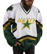 Creeping Death brings you this fully custom hockey jersey with embroidery and appliqué on the front, back, and both shoulders.  Green and gold on a green, white, gold, and black jersey with the "Creeping Death" star design on the front, outline of the state of Texas on both shoulders, and "World Decay" on the back above the number 0.
