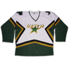 Creeping Death brings you this fully custom hockey jersey with embroidery and appliqué on the front, back, and both shoulders.  Green and gold on a green, white, gold, and black jersey with the "Creeping Death" star design on the front, outline of the state of Texas on both shoulders, and "World Decay" on the back above the number 0.