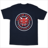 Ends Of Sanity "Demon Circle" design, printed in red and white on the front of a navy blue Alstyle Apparel tee. Tee features include: 6 oz. 100% preshrunk cotton, set-in rib collar with shoulder-to-shoulder taping, seamless double needle 7/8” collar, double-needle sleeve and bottom hem, and a tearaway label.