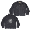 Frozen Soul's snowflake design, printed on the back of a black Threadfast denim jacket. Front features a sewn-on die-cut patch with the band's logo.  Jacket features include 12 oz., 99% combed ringspun cotton/1% spandex fabric; updated classic denim styling; and chest pockets with button flap closure. Cotton products from Threadfast support more sustainable cotton farming.