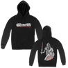 Gatecreeper's "Bloody Skeleton Warrior" design, printed on the front and back of a black Gildan pullover hooded sweatshirt.  Hoodie features include 8 oz. 50/50 preshrunk cotton/polyester; air jet yarn for a softer feel and reduced pilling; double-lined hood with color-matched drawcord; double needle stitching at shoulder, armhole, neck, waistband and cuffs; pouch pocket; 1 x 1 rib with spandex; quarter-turned to eliminate center crease; and a tearaway label.
