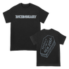 Incendiary's iconic coffin design, printed in blue and white on the front and back of a black Gildan tee.  Tee features include 6 oz., 100% preshrunk cotton (Ash Grey: 99/1 cotton/polyester; Heather colors & Safety colors: 50/50 cotton/polyester; Antique colors & Sport Grey: 90/10 cotton/polyester), classic fit, 7/8” double-needle topstitched collar, taped neck and shoulders, double-needle sleeve and bottom hems, and a grey pearlized tear away label.