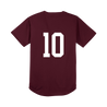 Koyo's "Varsity 10" design, printed on the front and back of a maroon baseball jersey.  Jersey features 5.3 oz., 100% polyester flat back mesh moisture wicking fabric with PosiCharge technology; set-in sleeves; and dyed-to-match buttons.