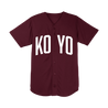 Koyo's "Varsity 10" design, printed on the front and back of a maroon baseball jersey.  Jersey features 5.3 oz., 100% polyester flat back mesh moisture wicking fabric with PosiCharge technology; set-in sleeves; and dyed-to-match buttons.