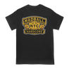 Madball's "Cigar Seal" design is printed on the front and back of a black Gildan tee.  Tee features include 5.3 oz., 100% preshrunk cotton; classic fit; seamless double needle 7/8” collar; taped neck and shoulders; double needle sleeve and bottom hems; quarter-turned to eliminate center crease; and a tearaway label.