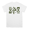 Pitchfork Hardwear's "20 Year X Logo" design, printed on the front and back of a white Next Level brand cotton short sleeve crewneck tee.  Tee features include: 4.3oz., 100% combed ringspun cotton, 32 singles; fabric laundered; set-in 1x1 baby rib collar; hemmed sleeves; side seams; and a tearaway label.