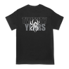 Pitchfork Hardwear's "20 Year Spider Logo" design, printed on the front and back of a Next Level brand black tee.  Tee features include: 4.3oz., 100% combed ringspun cotton, 32 singles; fabric laundered; set-in 1x1 baby rib collar; hemmed sleeves; side seams; and a tearaway label.