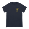 Pitchfork Hardwear's "Eagle Shield" design, printed on the front and back of a navy blue Next Level brand tee.  Tee features include: 4.3oz., 100% combed ringspun cotton, 32 singles; fabric laundered; set-in 1x1 baby rib collar; hemmed sleeves; side seams; and a tearaway label.