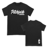 Pitchfork Hardwear's "Spray Can Logo" design, printed on the front and back of a black Next Level brand cotton short sleeve crewneck tee.  Tee features include: 4.3oz., 100% combed ringspun cotton, 32 singles; fabric laundered; set-in 1x1 baby rib collar; hemmed sleeves; side seams; and a tearaway label.