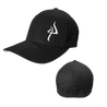 Pitchfork's logo embroidered in white thread on the front left side of a black Flexfit cap.  Hat features include 98/2 cotton twill/spandex blend fabric; structured, six-panel, mid-profile fit; permacurv visor with silver undervisor; and sewn eyelets. 