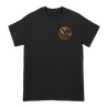 Pitchfork Hardwear "Token" design, printed on the front and back of a black Next Level tee.  Tee features include: 4.3oz., 100% combed ringspun cotton, 32 singles; fabric laundered; set-in 1x1 baby rib collar; hemmed sleeves; side seamed; and a tearaway label.
