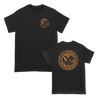 Pitchfork Hardwear "Token" design, printed on the front and back of a black Next Level tee.  Tee features include: 4.3oz., 100% combed ringspun cotton, 32 singles; fabric laundered; set-in 1x1 baby rib collar; hemmed sleeves; side seamed; and a tearaway label.
