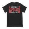 The Merciless Concept circular left chest and "sessions of pain" stacked text design, printed on the front and back of a black Gildan Apparel tee.