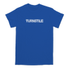 Turnstile's "BLACKOUT" tour design, printed on the front and back of a royal blue tee shirt. 