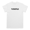 Turnstile's "BLACKOUT" tour design, printed on the front and back of a white Gildan tee shirt. 