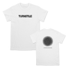 Turnstile's "BLACKOUT" tour design, printed on the front and back of a white Gildan tee shirt. 